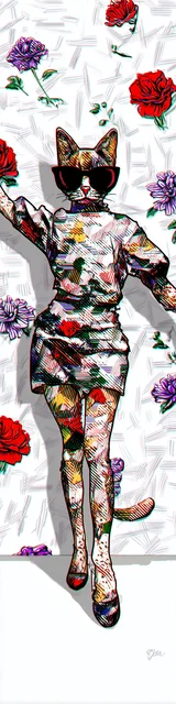 Cat bookmarks illustration of a white bookmark featuring a cat with flowers